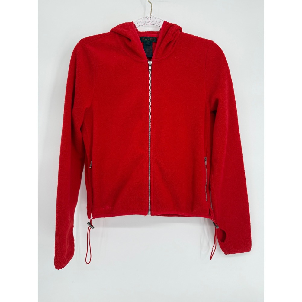 Ralph Lauren Womens Red Fleece Full‎ Zip Hoodie Jacket Thumbholes Bungee Sz M